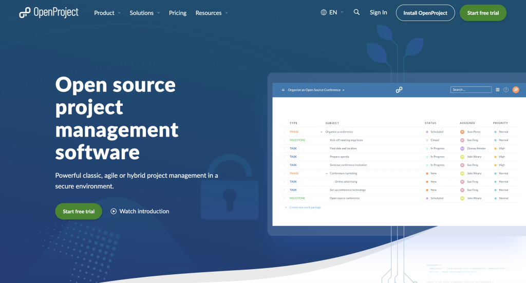Screenshot of OpenProject's landing page